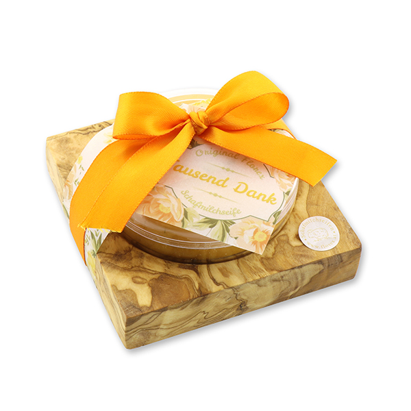 Sheep milk round 100g on a olive wood soap dish "Tausend Dank", Orange 