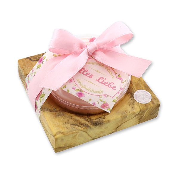 Sheep milk round 100g on a olive wood soap dish "Alles Liebe", Peony 