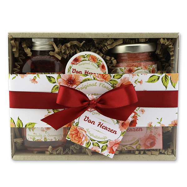Geschenkset 4-teilig "Von Herzen", Rose mit Blüten 