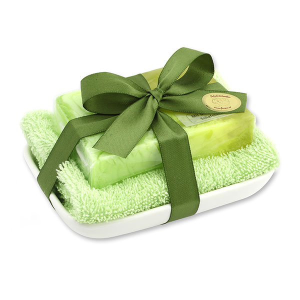 Handmade glycerin soap 90g in cello on a soap dish, Apple 