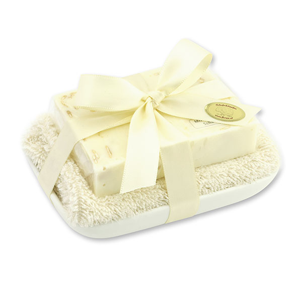 Handmade glycerin soap 90g in cello on a soap dish, Oats 