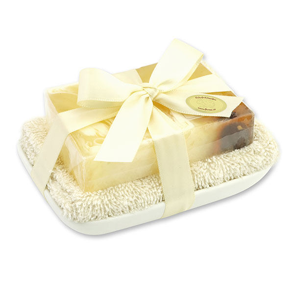 Handmade glycerin soap 90g in cello on a soap dish, Almond oil 