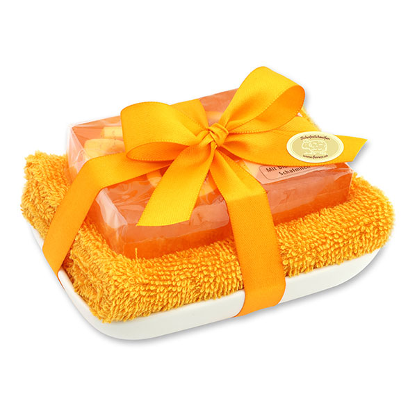 Handmade glycerin soap 90g in cello on a soap dish, Orange 