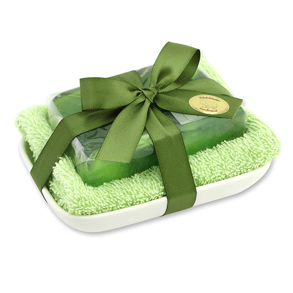 Handmade glycerin soap 90g in cello on a soap dish, Grape 