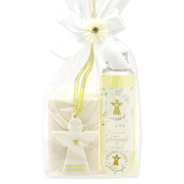Care set 2 pieces decorated with guardian angel with heart in a cellophane bag, Classic/Christmas rose white 