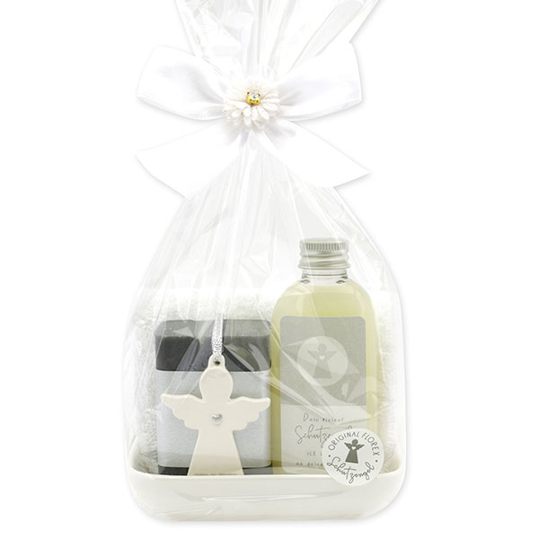 Care set 4 pieces decorated with guardian angel with heart in a cellophane bag, Classic/Christmas rose 
