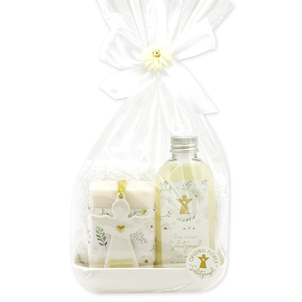 Care set 4 pieces decorated with guardian angel with heart in a cellophane bag, Classic/Christmas rose white 