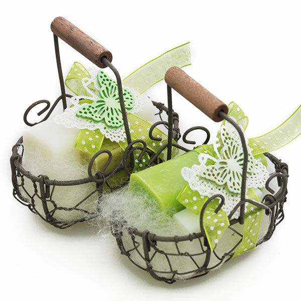 Wire basket filled with sheep milk soap 100g classic/pear and 35g classic/verbena, decorated with a butterfly 
