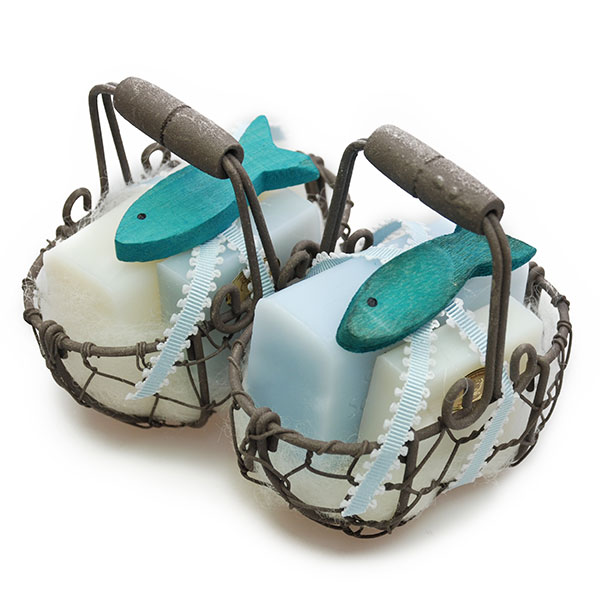 Wire basket filled with sheep milk soap 100g and 35g, decorated with a fish, Classic/Forget-me-not 