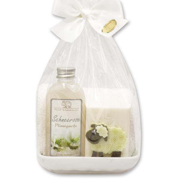 Set with sheep 4 pieces in a cellophane bag, Christmas rose white 