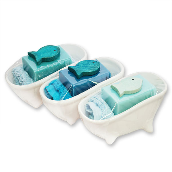 Bath tube filled with a sheep milk soap 100g, decorated with a fish in a cellophane, sorted 