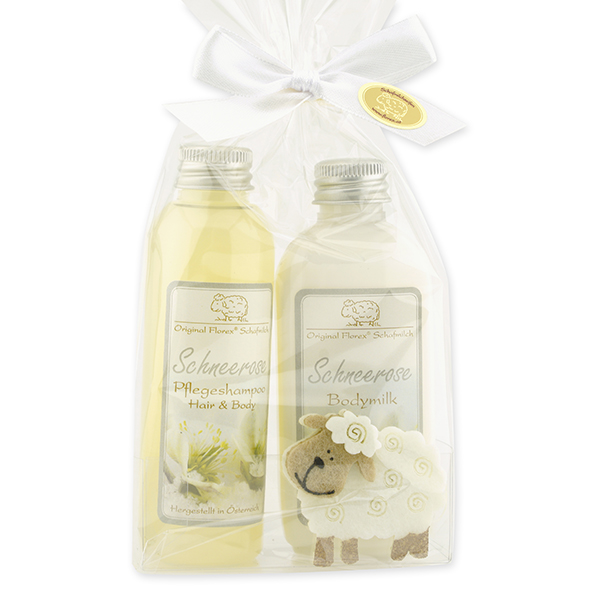 Gift set with felt sheep, Christmas rose white 