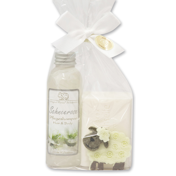Gift set with felt sheep, Christmas rose white 