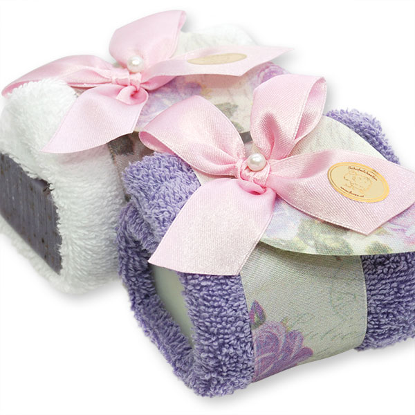 Sheep milk soap 100g in a wash cloth, decorated with a flower-ribbon, Classic/lavender 