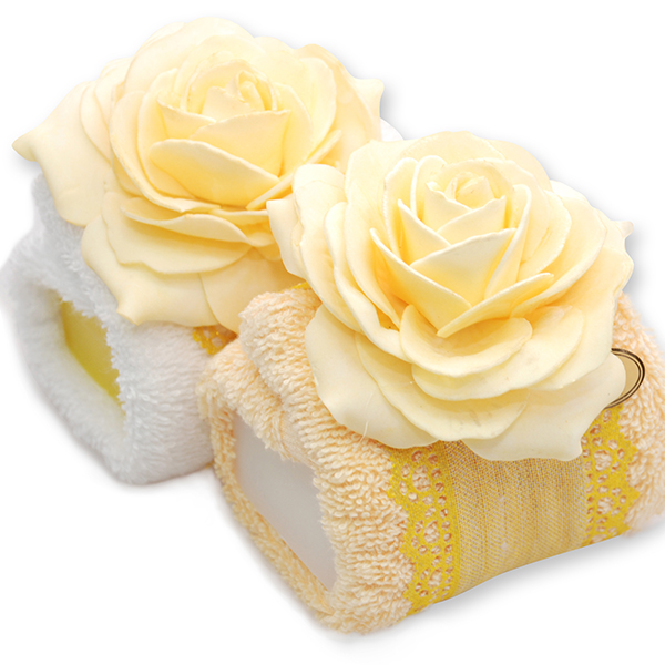 Sheep milk soap 100g in a washcloth, decorated with a rose, Classic/Frangipani 