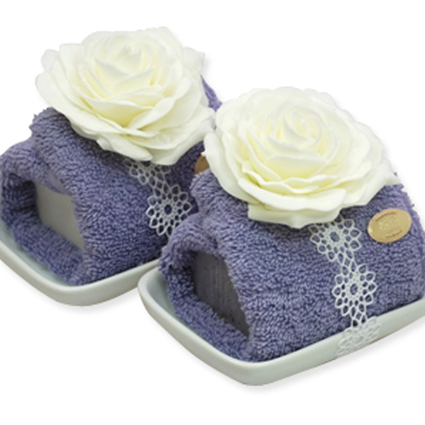 Sheep milk soap 100g on a soap dish, decorated with a wash cloth, Classic/lavender 