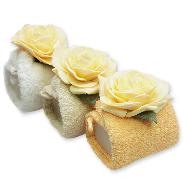 Schafmilchseife eckig 100g im Waschlappen, dekoriert mit Rose, sortiert 