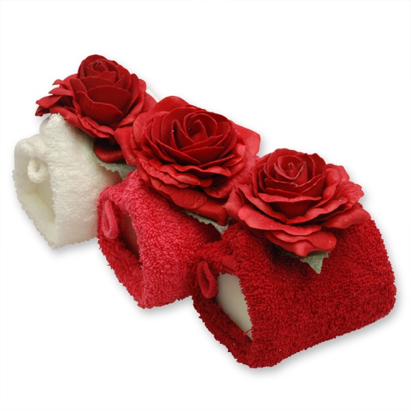Sheep milk soap 100g in a washclothes, decorated with a rose, sorted 