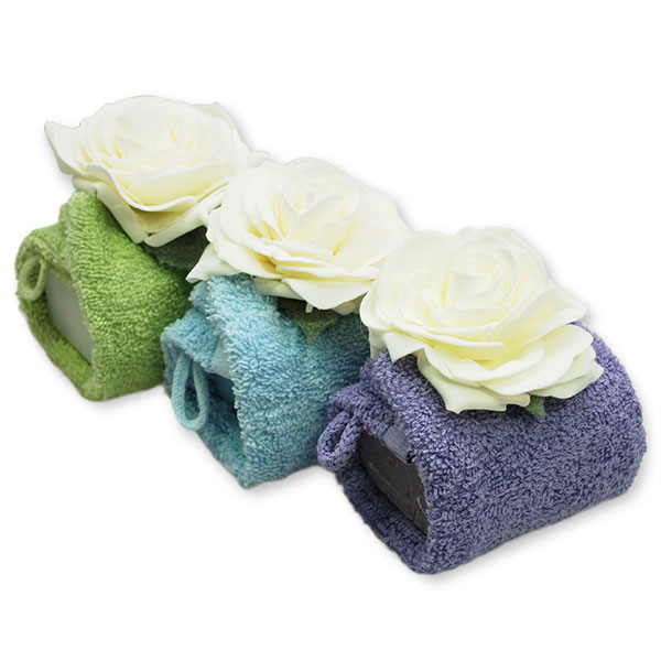 Sheep milk soap 100g in a wash cloth, decorated with a rose, sorted 