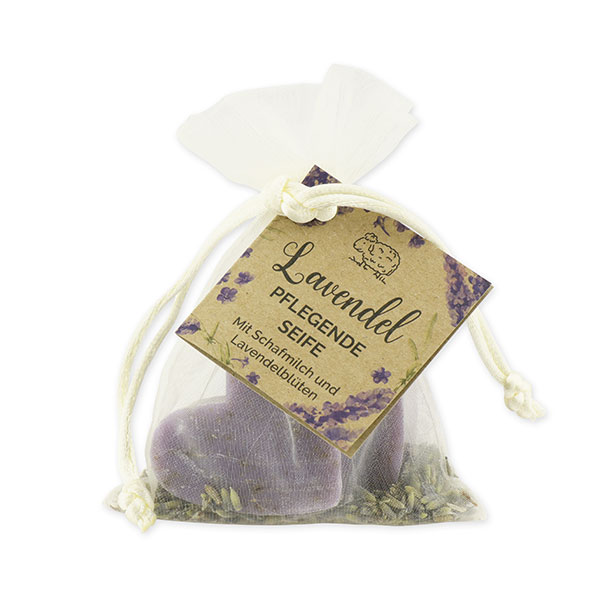 Schafmilchseife Herz mittel 2x23g mit Lavendelblüten im Organzasackerl "Wohlfühlzeit", Lavendel 