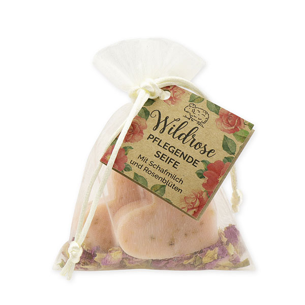 Schafmilchseife Herz mittel 2x23g mit Rosenblüten im Organzasackerl "Wohlfühlzeit", Wildrose 