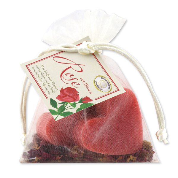 Sheep milk soap heart 2x23g, with rose petals in organza, Rose with petals 