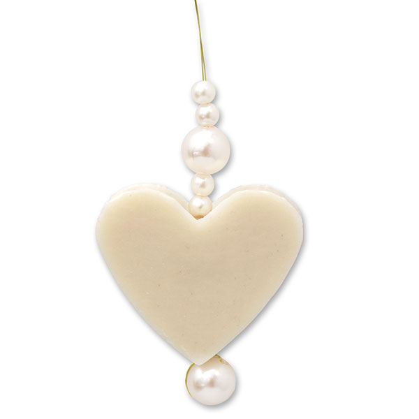 Schafmilchseife Herz mittel 23g hängend dekoriert mit Perlen, Schneerose 