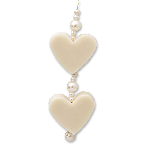 Schafmilchseife Herz mittel 2x23g hängend dekoriert mit Perlen, Schneerose 