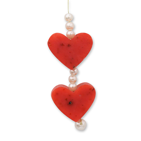 Sheep milk soap heart 2x8g hanging decorated with pearls, Rose with petals 