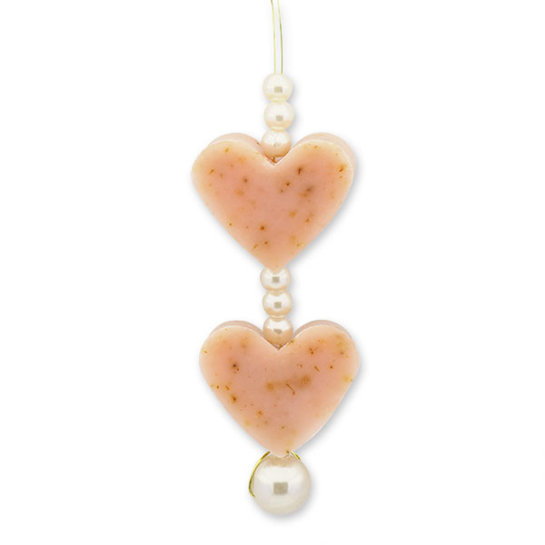 Sheep milk soap heart 2x8g hanging decorated with pearls, Wild rose with petals 