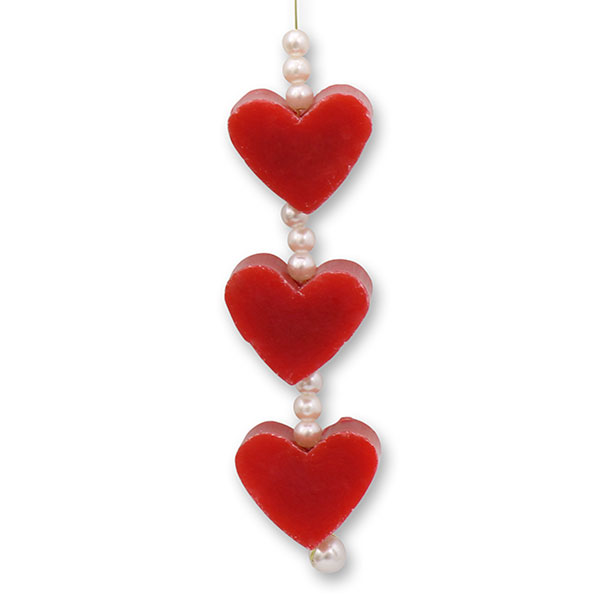 Schafmilchseife Herz mini 3x8g hängend dekoriert mit Perlen, Granatapfel 