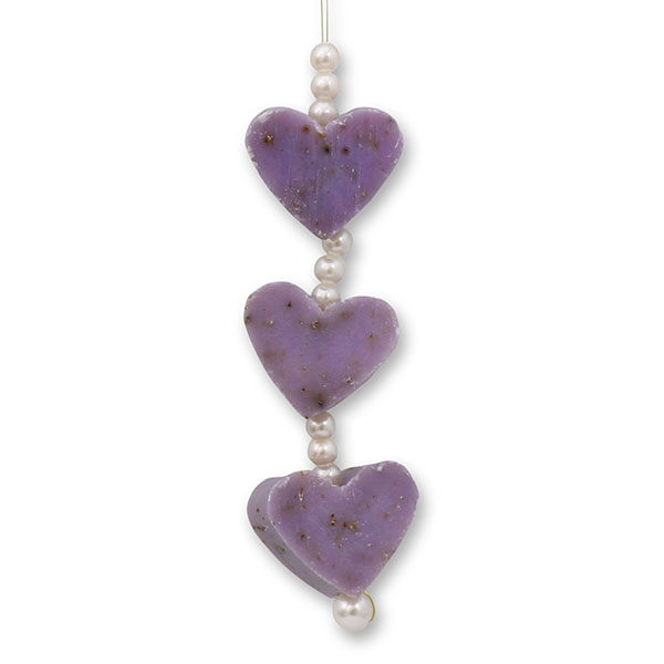 Schafmilchseife Herz mini 3x8g hängend dekoriert mit Perlen, Lavendel 