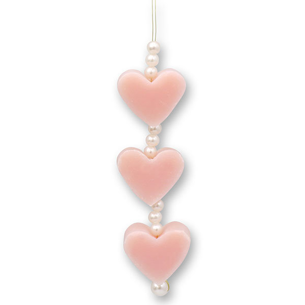 Sheep milk soap heart 3x8g hanging decorated with pearls, Peony 