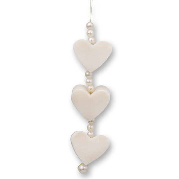 Schafmilchseife Herz mini 3x8g hängend dekoriert mit Perlen, Schneerose 
