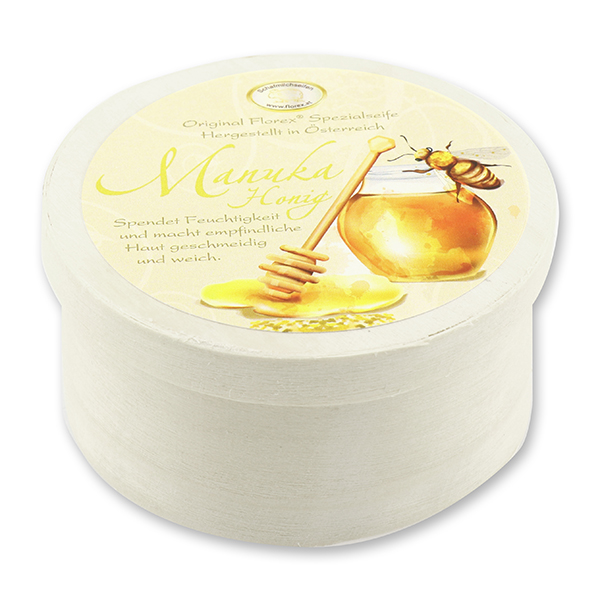 Schafmilchseife 6-Eck 100g mit Wabe und Biene in Spanschachtel, Manuka Honig 