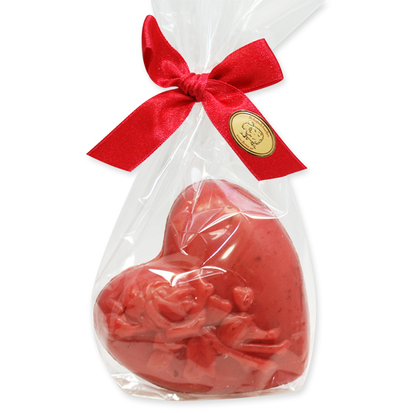 Schafmilchseife Herz mit Rose 116g, in Cello, Rose mit Blüten 