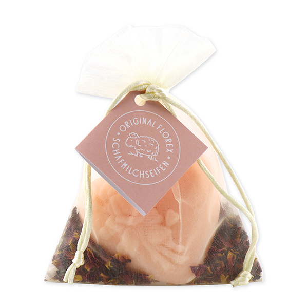 Sheep milk soap heart with a rose 116g, decorated with rose petals in organza, Peony 