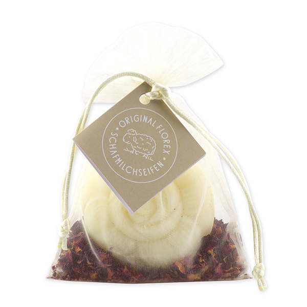 Schafmilchseife Rose rund 110g, mit Rosenblüten im Organzasackerl, Classic 