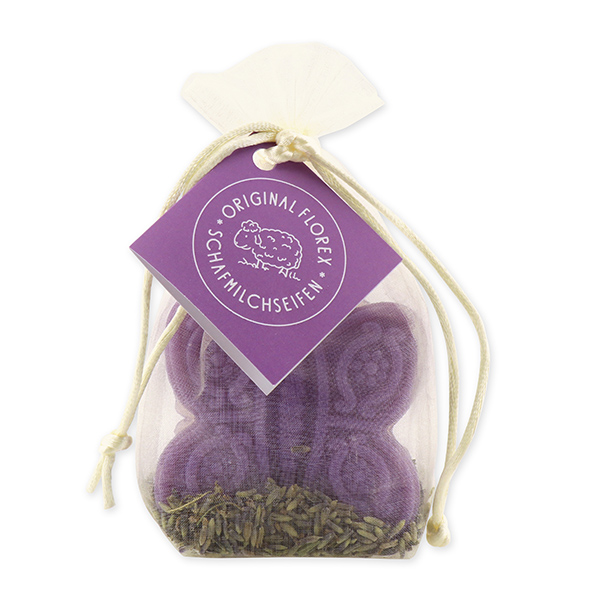 Schafmilchseife Schmetterling 60g, mit Lavendelblüten im Organzasackerl, Lavendel-Limone 