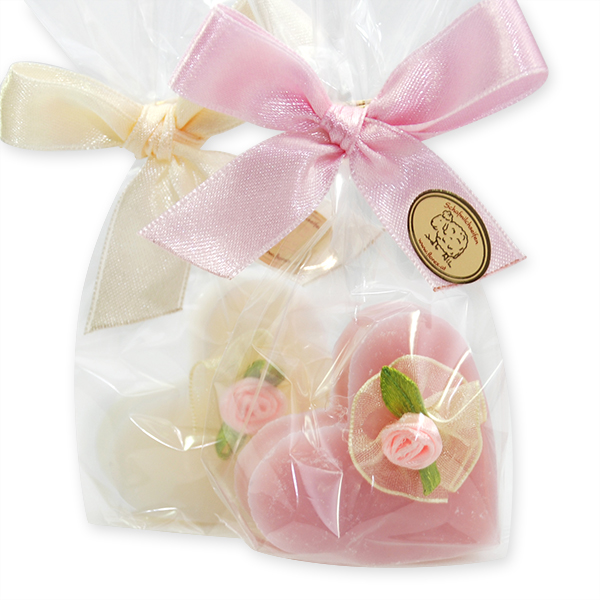 Sheep milk soap heart 23g, decorated with rose in a cellophane, Classic/peony 