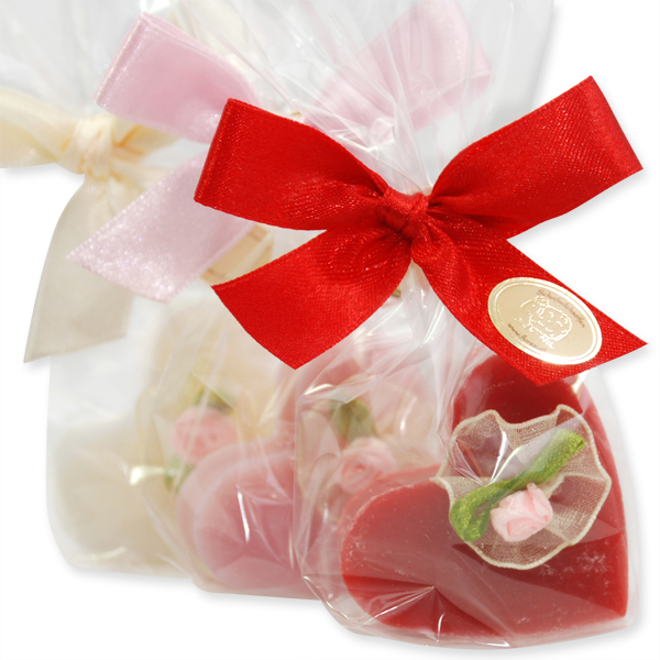 Sheep milk soap heart medium 23g, decorated with a rose in a cellophane, sorted 