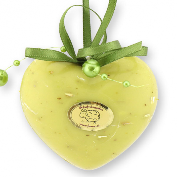 Sheep milk soap heart 60g hanging, decorated with a pearl ribbon, Verbena 