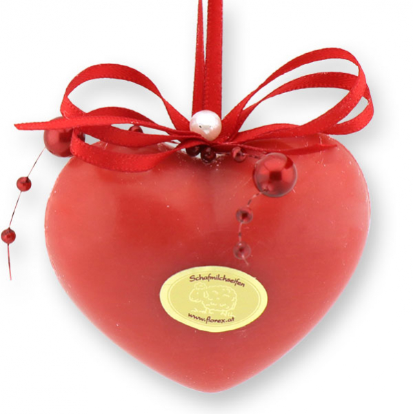 Sheep milk soap heart 60g hanging, decorated with a pearl ribbon, Pomegranate 