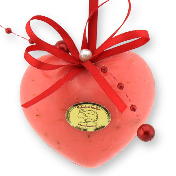 Sheep milk soap heart 60g hanging, decorated with a pearl ribbon, Rose with petals 