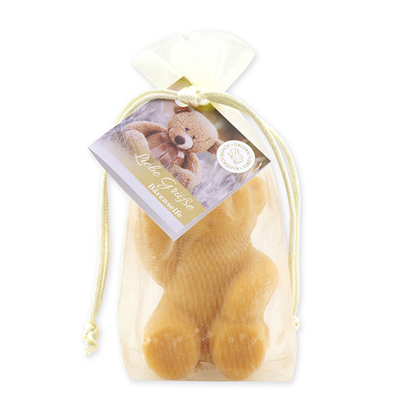 Schafmilchseife Teddy groß 120g, "Liebe Grüße" im Organzasackerl, Quitte 