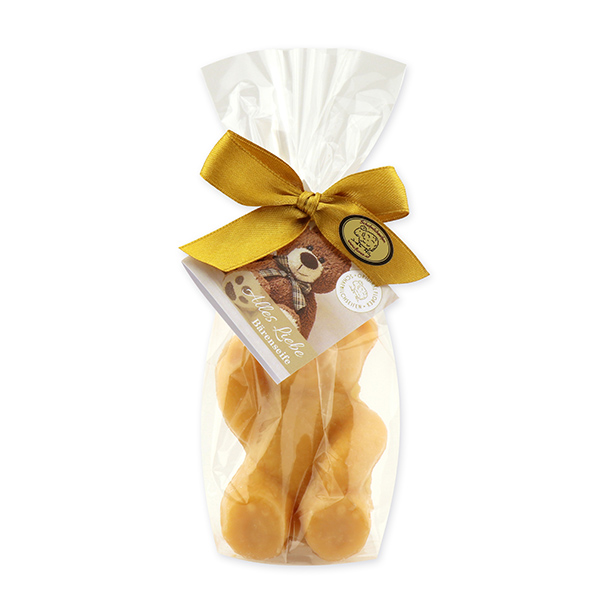 Schafmilchseife Teddy groß 120g, "Alles Liebe" in Cello, Quitte 