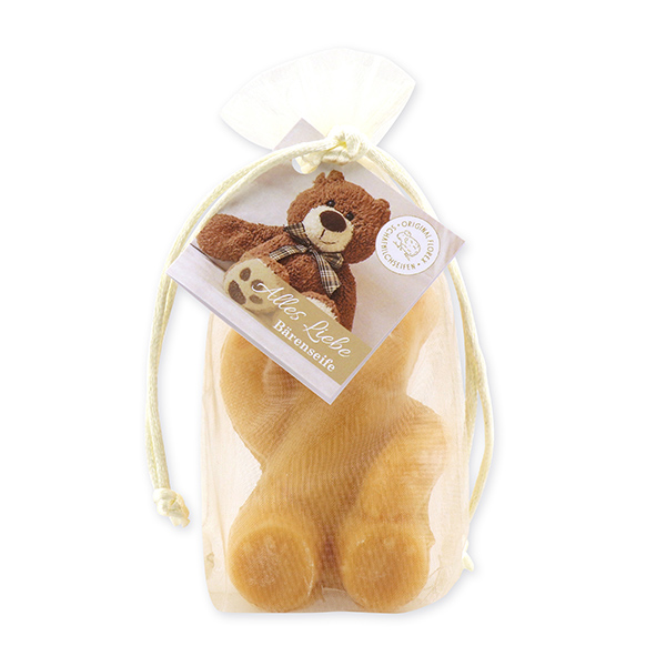 Schafmilchseife Teddy groß 120g, "Alles Liebe" im Organzasackerl, Quitte 