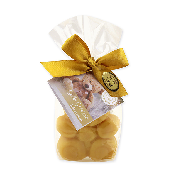 Schafmilchseife Teddy flach mittel 55g, "Liebe Grüße" in Cello, Quitte 