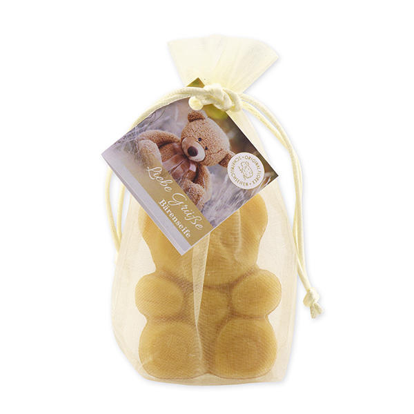 Schafmilchseife Teddy flach mittel 55g, "Liebe Grüße" im Organzasackerl, Quitte 