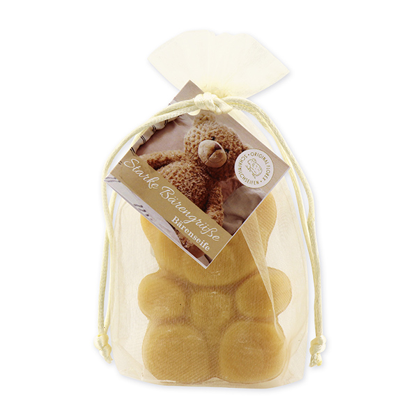 Sheep milk soap teddy midi 55g, "Starke Bärengrüße" in organza, Quince 